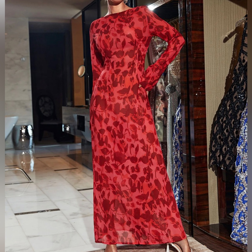 NWOT Red Maxi Dress with floral print